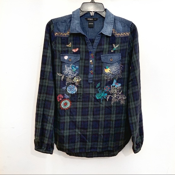 Desigual Tops - DESIGUAL Bird & Flower Embroidered Plaid Shirt